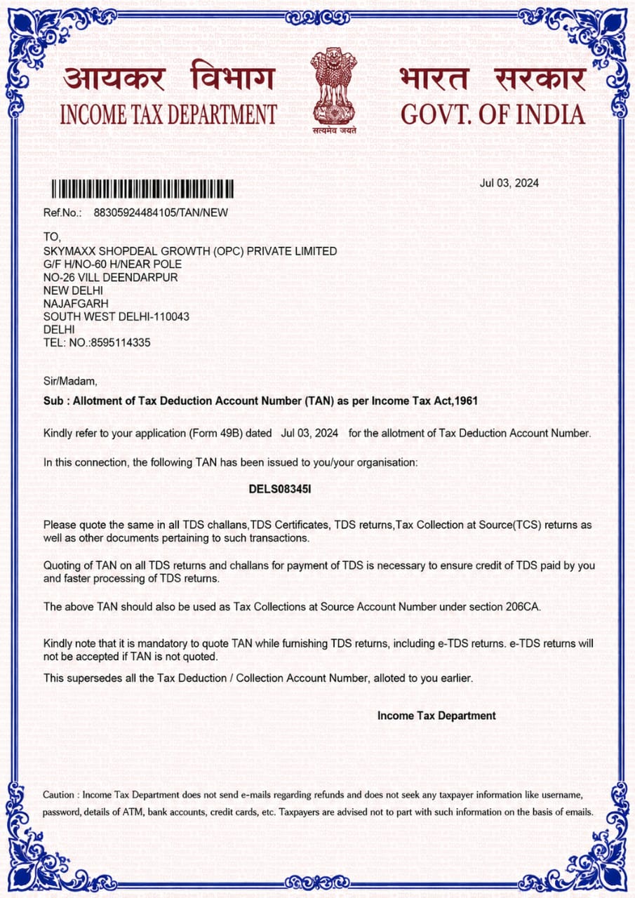 TAN Certificate